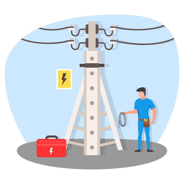 Technik naprawiający lub naprawiający zepsutą linię energetyczną na słupie elektrycznym, bardzo niebezpieczna ilustracja pracy