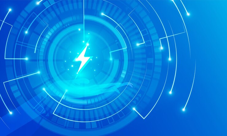 Wektor technologia abstrakcyjna koncepcja komunikacji hitech elektroniki w cyfrowej dłoni wielokąta trzymającej baterię energetyczną powerbolt oświetlenie ręka moc ochrony wektora projektu