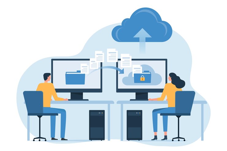 Wektor technologia biznesowa online backup storage i koncepcja usług przetwarzania w chmurze