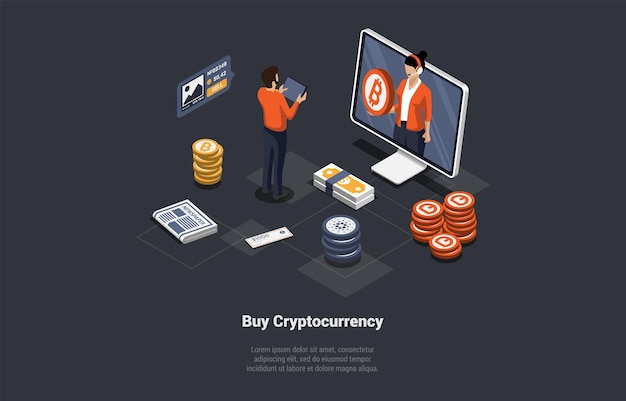 Technologia Blockchain Bitcoin Altcoins i koncepcja inwestycji w kryptowaluty Konsultant online kryptowaluty w słuchawkach Ludzie dokonują inwestycji wysokiego ryzyka izometryczny 3d ilustracji wektorowych
