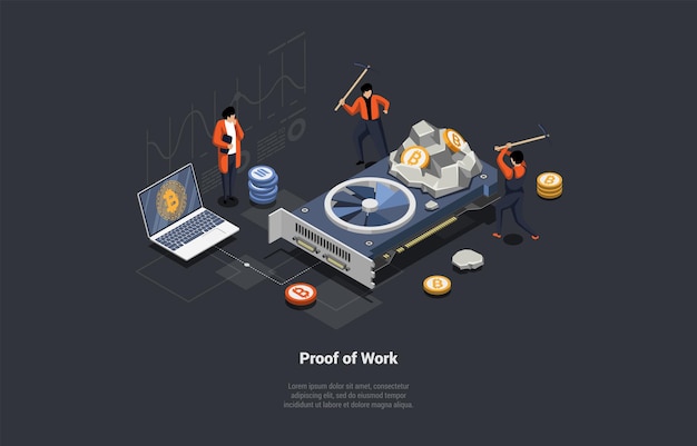 Technologia Blockchain Bitcoin Altcoins wydobycie z dowodem pracy koncepcja technologii znaków górniczych krypto za pomocą POW ludzi górniczych krypto z farm górniczych izometryczny 3d ilustracji wektorowych
