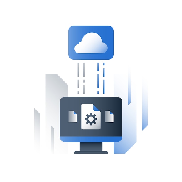 Plik wektorowy technologia chmurowa, rozwiązania biznesowe, wymiana danych, przechowywanie plików dokumentów