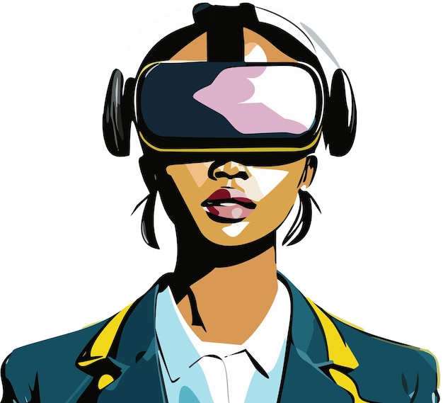 Plik wektorowy technologia cyfrowej rzeczywistości wirtualnej metaverse przedstawiająca kobietę w okularach i podłączonym zestawie słuchawkowym vr