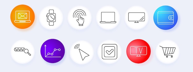 Technologia i zestaw komunikacyjny ikona e-mail smartwatch dotyk laptop monitor portfel wyszukiwanie wektorowe dane graficzne