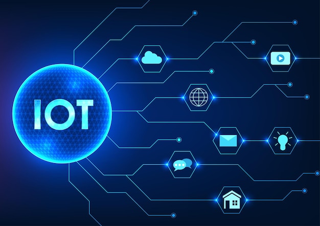 Technologia Internetu rzeczy z literami IoT w kręgu technologicznym z podłączoną płytką obwodową