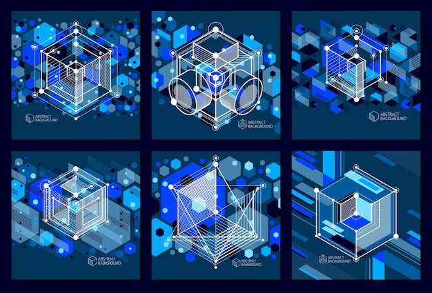 Technologia Inżynierska Wektor Zestaw Ciemnoniebieskich Tapet Wykonanych Z Kostek I Linii 3d. Inżynierska Tapeta Technologiczna Wykonana Z Plastrów Miodu. Streszczenie Zaplecze Techniczne.
