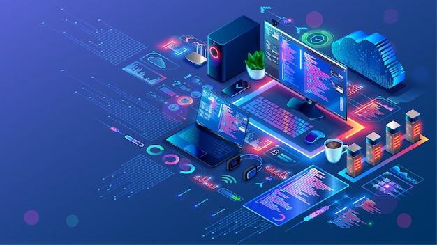 Technologia komputerowa ilustracja izometryczna PC laptop telefon na biurku symbole techniczne elementy projektowania aplikacji środowisko rozwoju programowania oprogramowania mobilnych platform komputerowych stacjonarnych