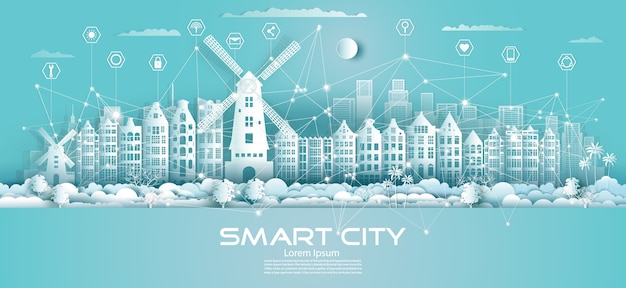 Technologia Komunikacji W Sieci Bezprzewodowej Inteligentne Miasto Z Ikoną W Wieżowcu W Centrum Holandii Na Niebieskim Tle, Futurystyczne Zielone Miasto I Panorama.