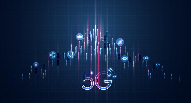 Technologia komunikacyjna dla internetowej linii światłowodowej dla biznesu i futurystyczne tło dla technologii bezprzewodowej transmisji danych 5g lub 6g szybki internet w abstrakcyjnym projekcie wektorowym