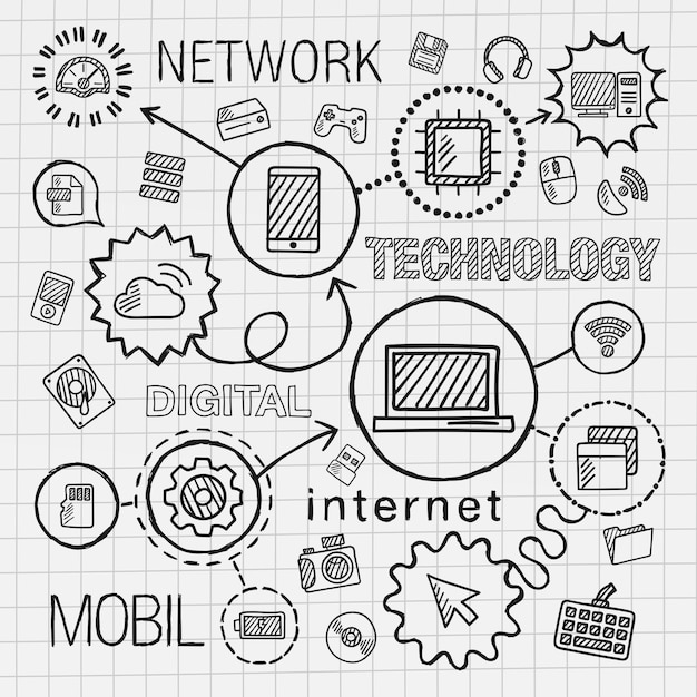 Technologia Ręcznie Rysować Zintegrowany Zestaw Ikon. Szkic Ilustracji Plansza. Linia Połączona Doodle Włazu Piktogram Na Papierze. Komputer, Cyfrowy, Sieć, Biznes, Internet, Media, Koncepcja Mobilna