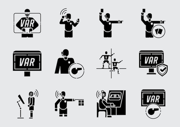 Technologia Var Z Płaską Ikoną Sędziego I Asystentem Wideo Sędziego Sędziego Podczas Gry W Piłkę Nożną, Np. Na Ekranie Spalonego, Sprawdzanie Czerwonej I żółtej Kartki