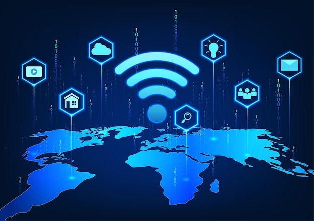 Technologia WiFi na mapie świata z ikonami i za kodem numerycznym Odnosi się do technologii WiFi