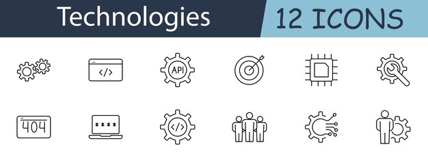 Technologia zestaw ikona Zawiera kodowanie API przekładni komputer i symbole sieci Idealne dla rozwoju oprogramowania IT i koncepcji usług technologicznych Ikona linii wektorowej na białym tle