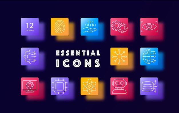 Technology set icon Fingerprint processor AI robot neural network chip data disk gear circuit atom server internet globe recognition frame binary code