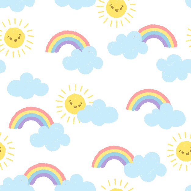 Tęcza doodle bezszwowe tło słońce i chmury. Ręcznie rysowane ładny abstrakcyjny wzór. Projekt dla tkaniny.