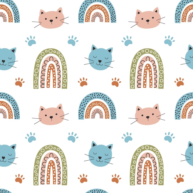 Tęcza i kot wzór wektor ilustracja ładny wzór na łuku w stylu boho