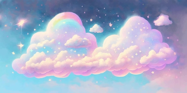 Plik wektorowy tęczowe białe puszyste chmury niebo z gwiazdamibajkowa kreskówka pastelowy różowy niebieski niebosłodki marzycielski c