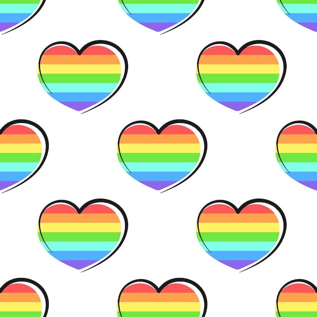 Tęczowe kolorowe serca z czarnym konturem doodle na białym tle Wektor bez szwu deseń