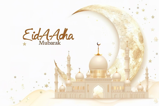 Tekst Eid AlFitr G Pole z tekstem EidAlAdha Mubarak w półksiężycu i białym tle meczetu