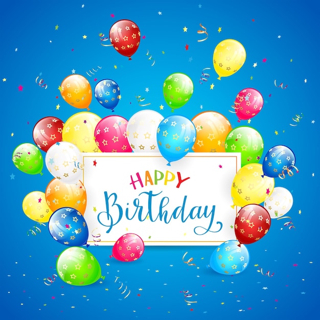 Tekst Happy Birthday na niebieskim tle z kartą świąteczną latające kolorowe balony blichtr i konfetti ilustracji