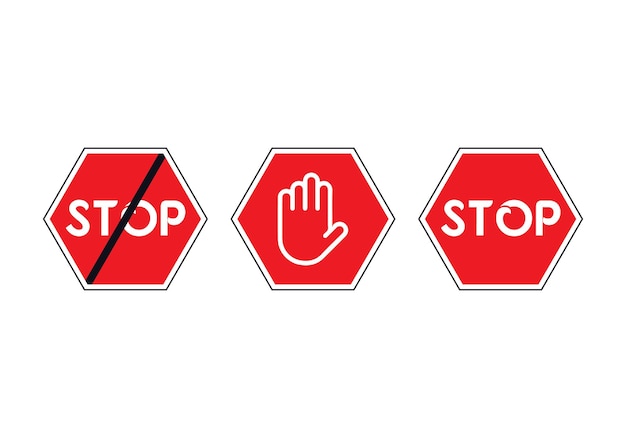 Tekst znak stop czerwony i symbol ręka w górę