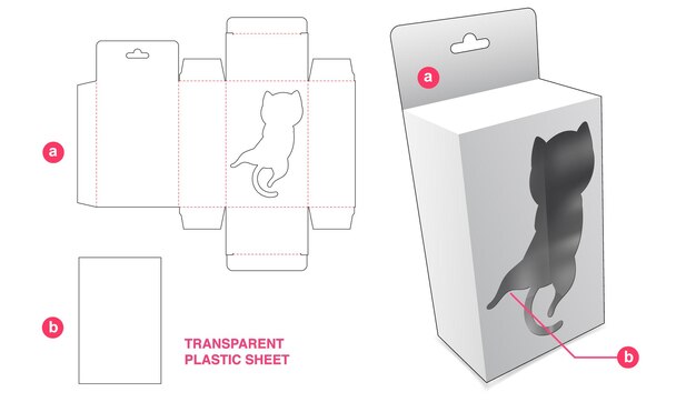 Tekturowe wiszące pudełko z okienkiem z kotem i przezroczystym plastikowym szablonem do wycinania arkuszy