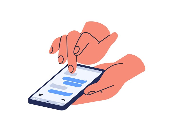Wektor telefon komórkowy w ręku, sms-y w aplikacji komunikatora internetowego. aplikacja na smartfony do czatowania, wiadomości błyskawicznych. koncepcja komunikacji internetowej. płaskie wektor ilustracja na białym tle