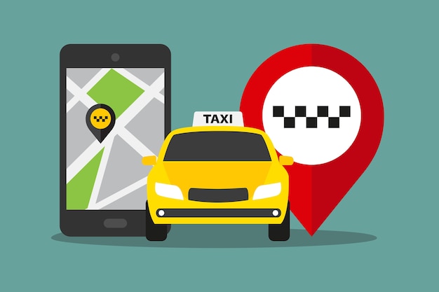 Telefon komórkowy z aplikacją taxi na wyświetlaczu, taksówka i znak pin. Ilustracja usługi taksówki w stylu płaski
