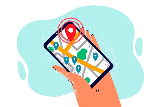 Plik wektorowy telefon z nawigatorem gps w dłoni osoby korzystającej z mobilnych map do śledzenia lokalizacji kuriera człowiek trzyma w podróży smartfon z mapami miast i nawiguje za pomocą znacznika