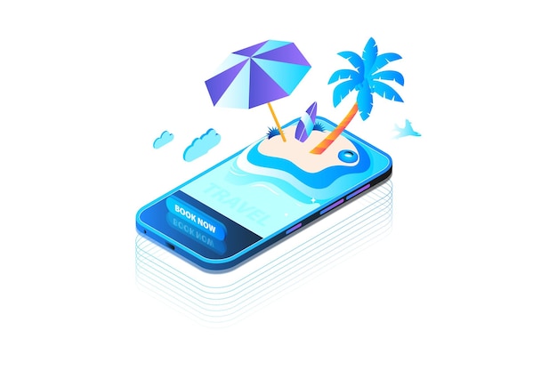 Telefon z parasolem i palmą na ekranie.