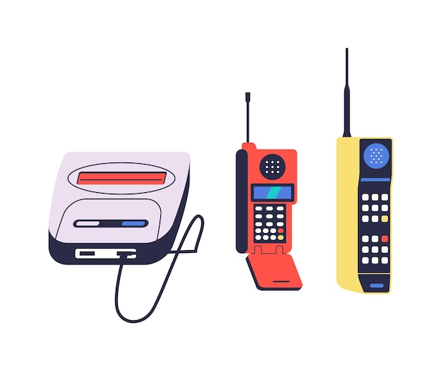 Plik wektorowy telefony retro urządzenia elektroniczne wywołują nostalgię swoimi klasycznymi wzorami tarcze, anteny i analogowy urok ponadczasowa komunikacja z ilustracją wektorową kreskówki w stylu vintage twist