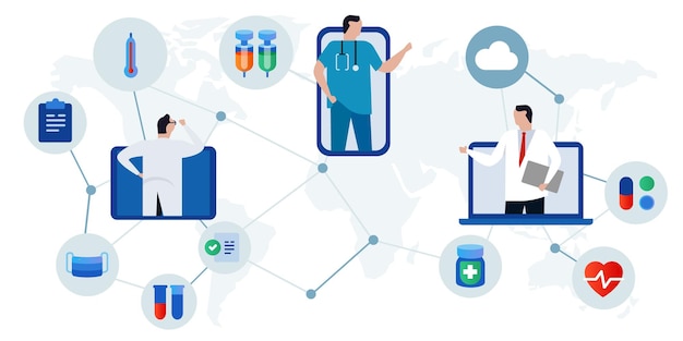 Plik wektorowy telemedycyna e-zdrowie telezdrowie konsultacje lekarskie online za pomocą cyfrowego urządzenia internetowego, takiego jak smartfon, do diagnozowania opieki zdrowotnej