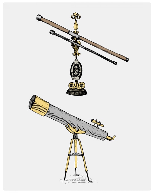 Teleskop astronomiczny, vintage, grawerowane ręcznie rysowane w stylu szkicu lub cięcia drewna, stary wygląd retro scinetific instrument do odkrywania i odkrywania