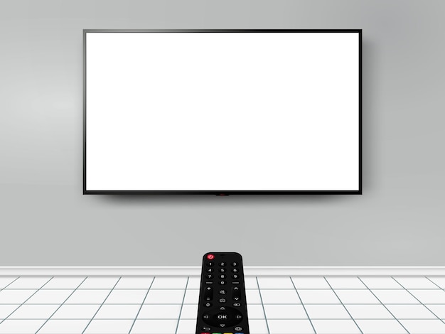 Telewizja na szarej ścianie i zdalne sterowanie
