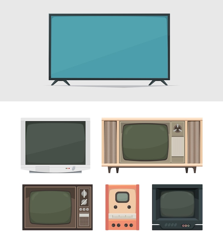 Wektor telewizor retro i nowoczesny telewizor cyfrowy do filmów informacyjnych i transmisji stare gadżety filmowe jaskrawa kolekcja ilustracji wektorowych