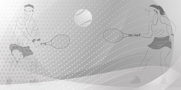 Plik wektorowy temat tenisa w odcieniach szarych z abstrakcyjnymi krzywymi liniami i kropkami z dwoma zawodnikami tenisa mężczyzną i kobietą trzymającymi rakiety do uderzenia piłki