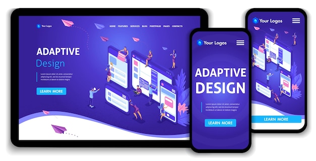 Template Landing Page Izometryczna Koncepcja Projektowania Stron Internetowych I Tworzenia Witryn Mobilnych, Projektowanie Adaptacyjne, Aplikacje. łatwy Do Edycji I Dostosowywania, Adaptacyjny Interfejs Użytkownika Ux.