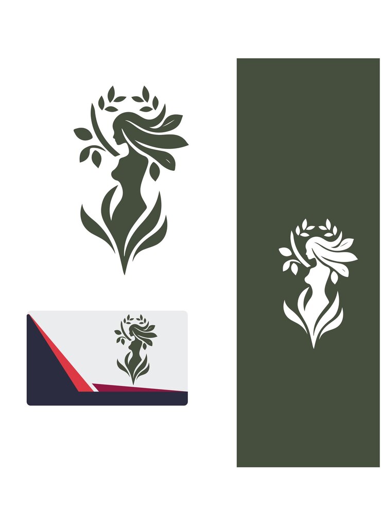 Wektor ten elegancki projekt logo przedstawia profil kobiety z płynącymi włosami wykonanymi z liści