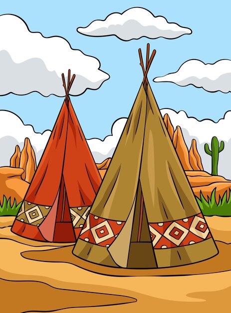 Plik wektorowy ten klip z kreskówki przedstawia ilustrację rdzennych amerykanów i indian tepee