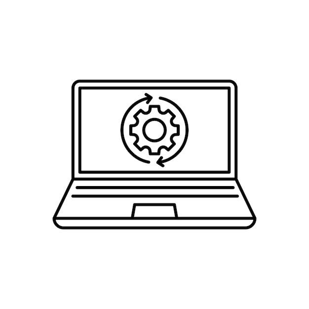 Tenka linia laptop i koło biegów jak aktualizacja trend stylu lineart nowoczesny minimalistyczny logotyp stroke art design element internetowy izolowany na białym tle koncepcja rozwoju lub devops odznaka usługi