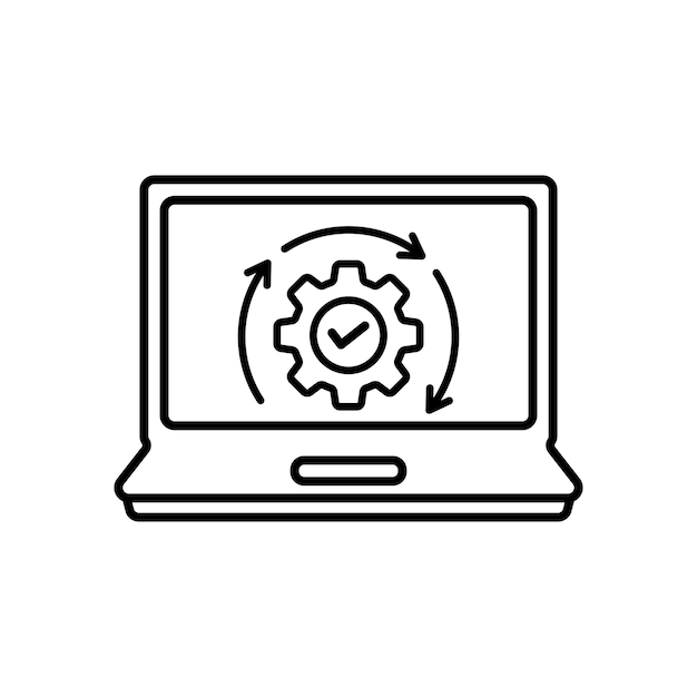 Tenka linia laptop i koło biegów jak aktualizacja trend stylu lineart nowoczesny minimalistyczny logotyp stroke art design element internetowy izolowany na białym tle koncepcja rozwoju lub devops odznaka usługi