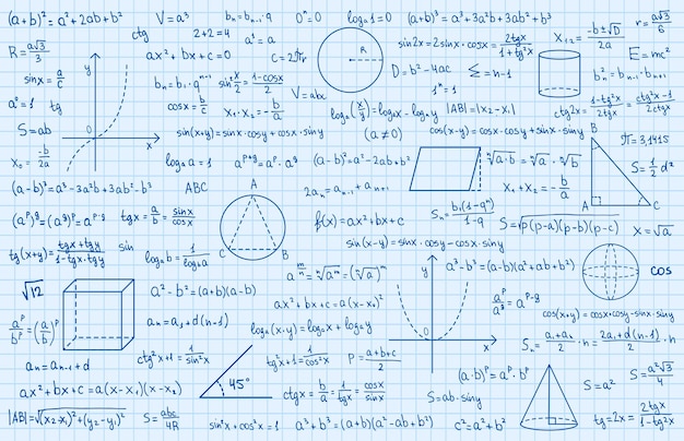 Teoria matematyki i formuła matematyczna Odręczne symbole izolowane na niebieskim tle z ręcznie rysowanymi formułami używanymi do edukacji szkolnej i papierkowej roboty Ilustracja wektora