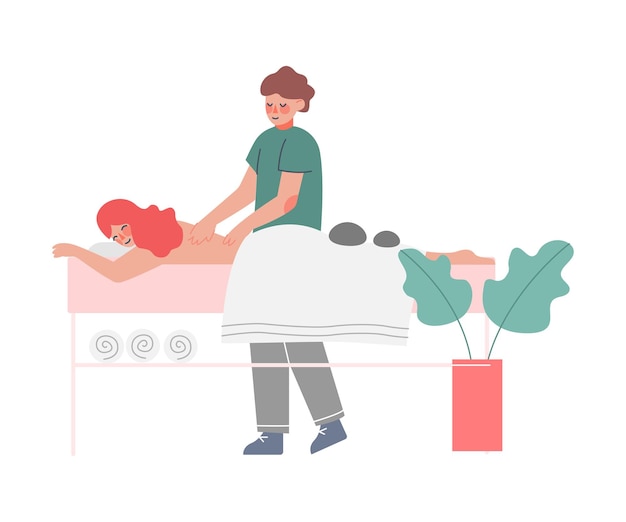 Plik wektorowy terapeuta robiący masaż młodej kobiecie leżącej na stole dziewczyna relaksująca zmniejszenie i zarządzanie stresem ilustracja wektorowa w stylu kreskówek