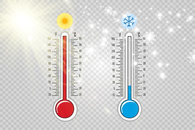 Termometry meteorologiczne na białym tle. Termometry niebieskie i czerwone. Ilustracja wektorowa