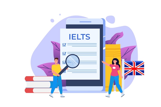 Test znajomości języka angielskiego i egzamin IELTS International English Language Testing System Ilustracja wektorowa