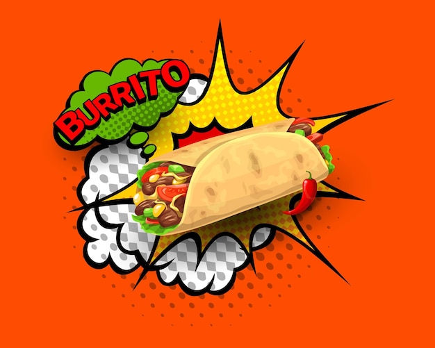 Tex Mex Meksykańskie Burrito Na Retro Półtonowych Bąbelkach I Wybuchu Meksykański Pokarm Wektorowy Tło Meksykańska Kuchnia Fast Food Lub Plakat Menu Restauracji Z Burrito Owinięciem Na Półtonowym Chmurze Z Bąbelkiem Boom