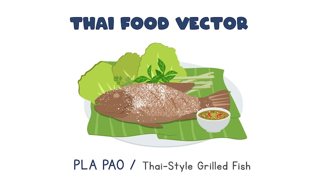Thai Pla Pao - Tajski Skorupa Solna Z Grilla Ryba Płaski Wektor Clipart. Azjatyckie Jedzenie. Kuchnia Tajska