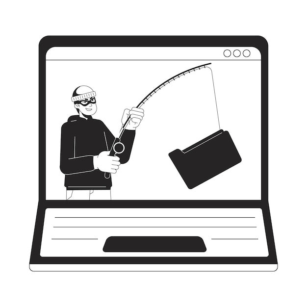 Plik wektorowy thief hooking folder laptop screen bw concept vector spot illustration phishing attack crime 2d cartoon flat line monochromatic character for web ui design editable isolated outline hero image