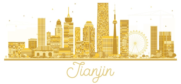Tianjin China City Skyline Złota Sylwetka. Ilustracja Wektorowa. Koncepcja Podróży Biznesowych. Gród Tianjin Z Zabytkami.