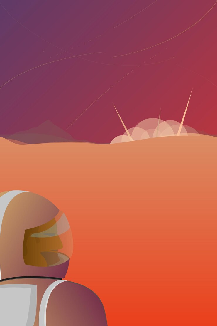 Wektor tło astronauty kosmonauta w skafandrze kosmicznym i hełmie bada krajobraz marsa człowiek naukowy na marsie